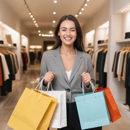 Prompt: A person on a clothing luxury store with shopping bags and smile