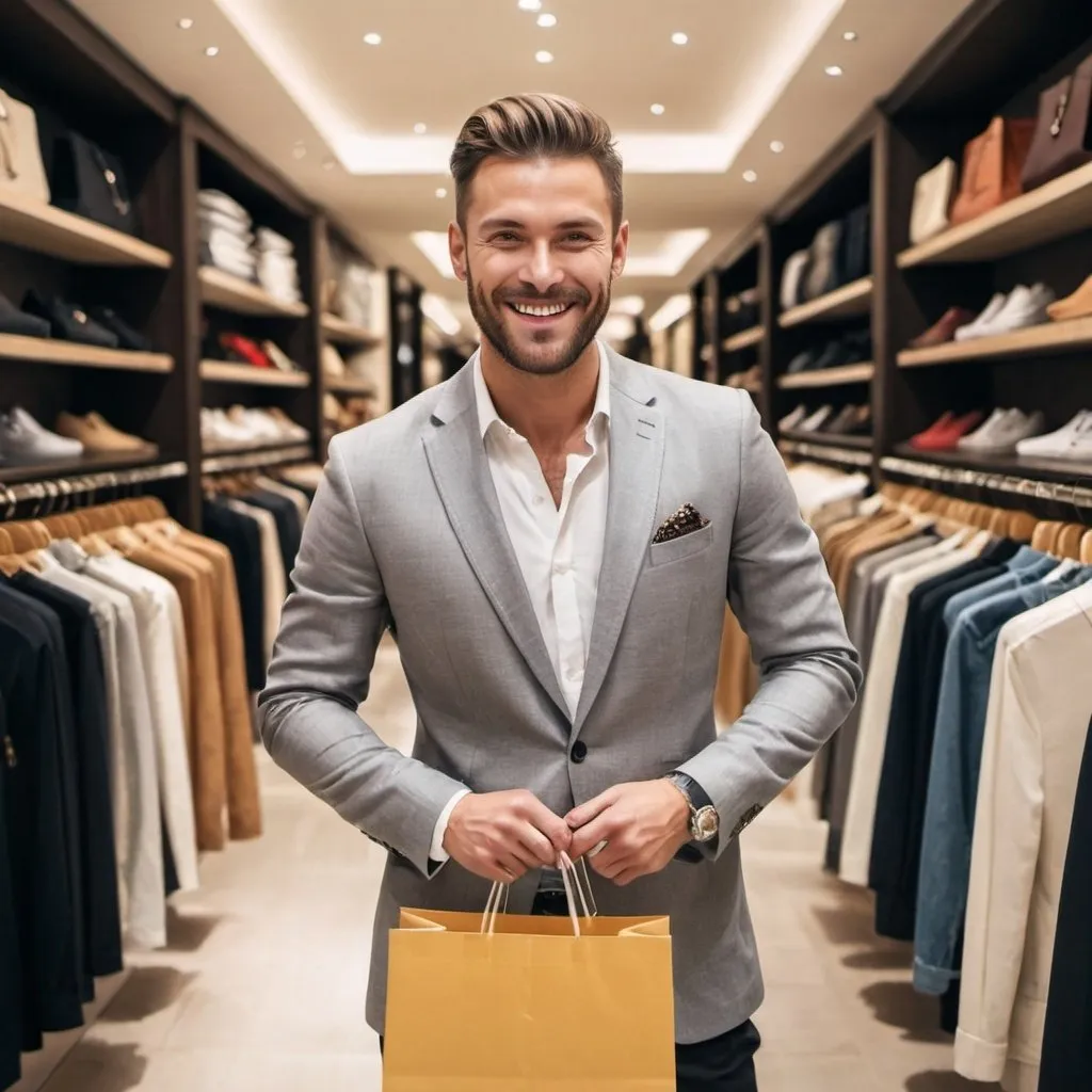 Prompt: A men on a clothing luxury store with shopping bags and smile