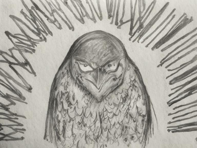 Prompt: This is a drawing of a crow with glowing eyes, casting a spell in the darkness. Make it look like a  pen and ink drawing with water colour shading of a crow in a hooded cloak, with glowing eyes, who is casting a spell in the darkness.