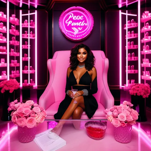 Prompt: <mymodel> sitting down, inside of luxury unique  black and pink  glowing neon pink sign that reads PPA neon conference room with a bottle of champagne inside a ice bucket , writing on a peace of paper