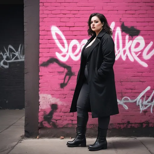 Prompt: a curvy woman leaning on a brick wall with a pink graffiti background and a black coat and boots on her feet, illustration, dark and gritty, a character portrait