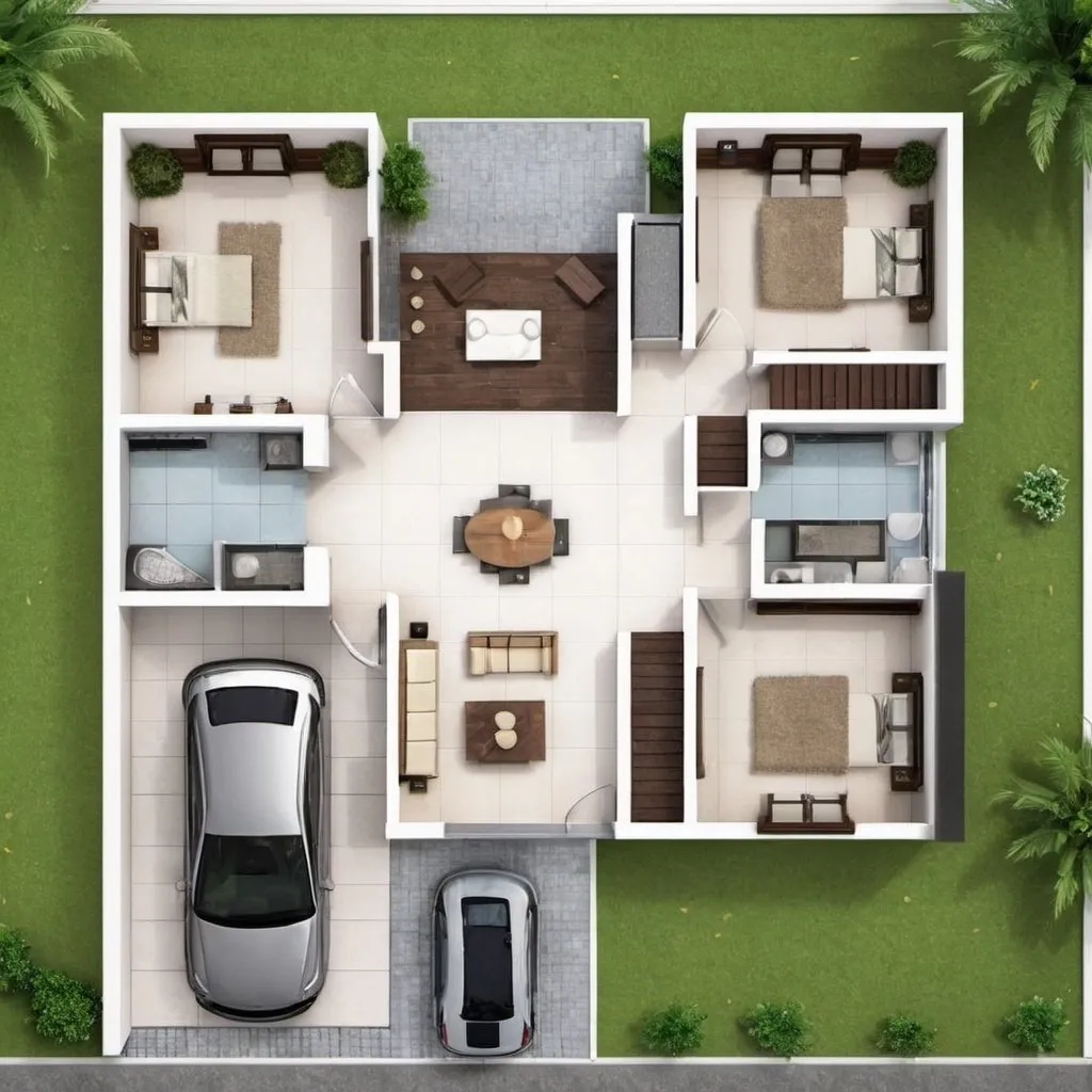 Prompt: Design a single-story house plan, 3 bedrooms, 2 bathrooms, width 9 meters, depth 14 meters.