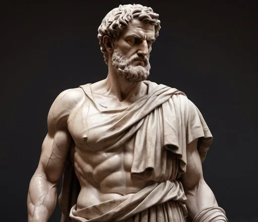 Prompt: hyper-realistic, greek statue of a stoic man, dark brown marble, muscular, wearing a tunic, detailed sculpting, ancient, high-quality, realistic, classical, atmospheric lighting, professional, detailed features