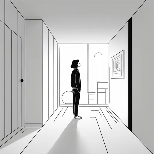 Prompt: doddle ilustration, thick line, minimalistic, clean, of a person standing in a room, wondering