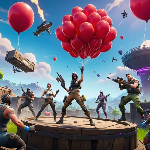 Prompt: Two Fortnite characters engaging in a  gunfight floating in the air by a single red balloon attached to their backs in a giant empty circle arena 