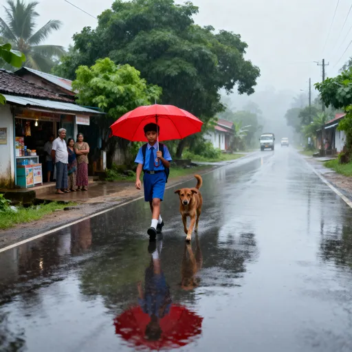 Prompt: “A young schoolboy wearing a blue uniform walks along a wet village road during rainy weather, holding a bright red umbrella. A brown dog walks beside him. The road is shiny with rainwater, reflecting their figures. Lush green trees and small village houses line the sides of the road. A few villagers stand near a shop watching them. The atmosphere is misty and peaceful, with distant vehicles visible in the background. Early morning or monsoon mood, cinematic lighting.”