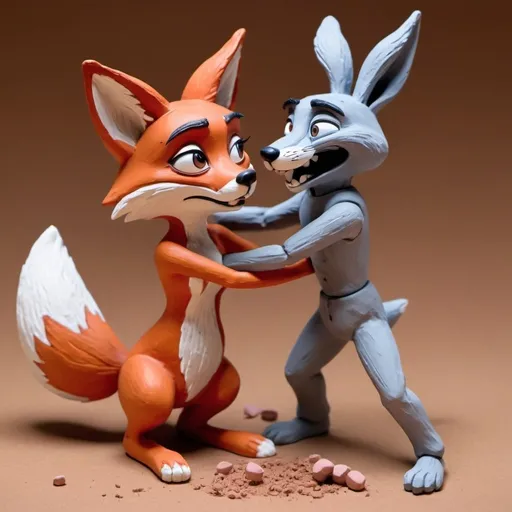 Prompt: claymation scene, A female anthro feminine girly fox getting beat up by a gray male anthro rabbit, made of clay, high quality animated claymation movie