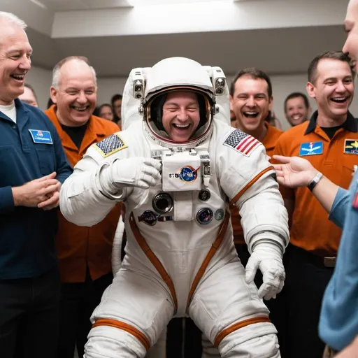 Prompt: astronaut laughing with many other people in the room 