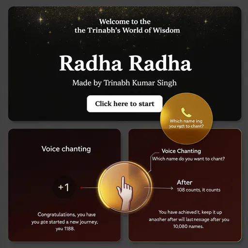 Prompt: Create a simple web app with the following features:
1. First Page (Intro screen)
• Background: solid black.
• White text animation: letters drop from the top saying
“Welcome to the Trinabh’s World of Wisdom”.
• Below that, a white rectangle button with text:
“Click here to start”.
• When clicked, it goes to the next page.
2. Second Page (Main app)
• Title at the top: “Radha Radha”.
• Below it, text: “Made by Trinabh Kumar Singh”.
• A circle button in the center with a golden gradient color on a brown background.
• Tapping this button adds +1 to the counter.
• Counter starts at 0 and goes up to 999,999.
3. Voice chanting option
• A button called “Voice Chanting”.
• When tapped, it asks: “Which name do you want to chant?”
• User speaks a name (like “Radha”), and every time the word is said, it adds +1.
4. Other functions
• A Reset button that sets counter back to 0.
• After 108 counts: the app vibrates and displays:
“Congratulations, you have started a new journey. You will get another message after 1188.”
• After 1,188 counts: message shows:
“You have achieved a lot, keep it up. You will get another but last message after you complete 10,080 names.”
• After 10,080 counts: message shows:
“Thank you.”
Make this app mobile-friendly, smooth animations, and clean UI.