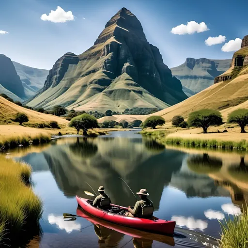 Prompt: A realistic imagine of a mountain with a lake and river in drakensburg. Include me as a fisherman with fishing rods and a my friend in a boat kayak with a small motor. Include trout fish. Put me on the bank. Add the trout fish in the water