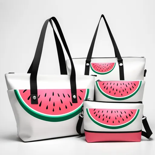 Prompt: Design a 3-piece bag set with a vibrant half watermelon print:

- Small pouch with short handle & wrist strap
- Medium tote with adjustable shoulder straps & inner pockets
- Large duffel with sturdy handles & removable crossbody strap

Modern, classy design with clean lines. Perfect for daily use, travel, or as a gift."

White background 