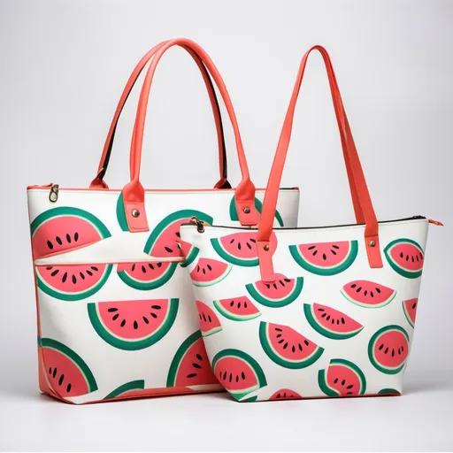 Prompt: Design a 3-piece bag set with a vibrant half watermelon print:

- Small pouch with short handle & wrist strap
- Medium tote with adjustable shoulder straps & inner pockets
- Large duffel with sturdy handles & removable crossbody strap

Modern, classy design with clean lines. Perfect for daily use, travel, or as a gift."

White background 