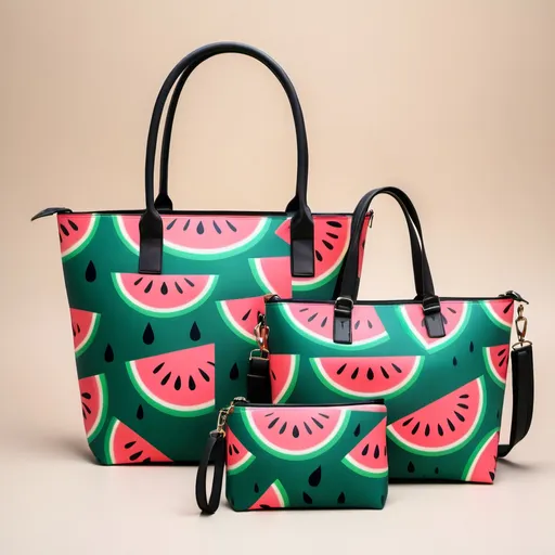 Prompt: Design a 3-piece bag set with a vibrant half watermelon print:

- Small pouch with short handle & wrist strap
- Medium tote with adjustable shoulder straps & inner pockets
- Large duffel with sturdy handles & removable crossbody strap

Modern, classy design with clean lines. Perfect for daily use, travel, or as a gift."