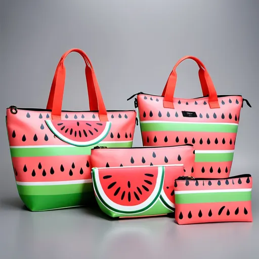 Prompt: Design a 3-piece bag set with a vibrant half watermelon print:

- Small pouch with short handle & wrist strap
- Medium tote with adjustable shoulder straps & inner pockets
- Large duffel with sturdy handles & removable crossbody strap

Modern, classy design with clean lines. Perfect for daily use, travel, or as a gift."