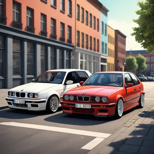Prompt: Golf 3 and BMW E36 parked side by side in an urban environment, realistic digital rendering, vibrant colors, natural lighting, high quality, detailed car models, vintage cars, street scene, classic cars, urban, realistic, vibrant colors, natural lighting