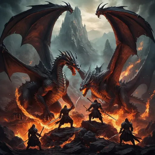 Prompt: Beast, dragons, skulls, fire, swords, for rock album cover.