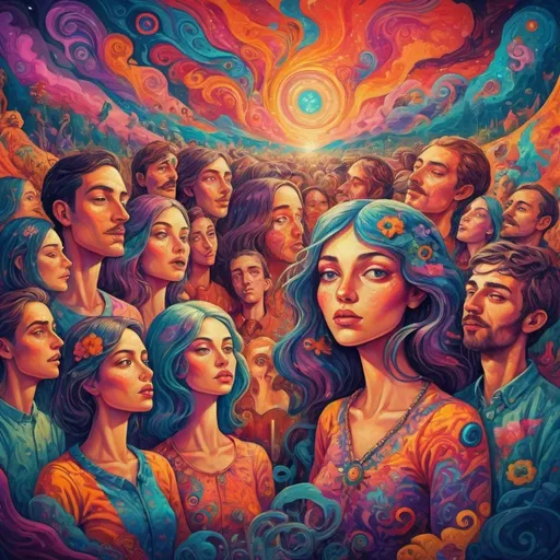 Prompt: (group of people under the influence of LSD), vibrant colors, surreal visual effects, expressive facial features, dynamic emotions, abstract patterns in the background, whimsical atmosphere, dream-like ambiance, ultra-detailed, high quality, engaging connection among the group, flowing imagery, psychedelic art style, mesmerizing visuals.