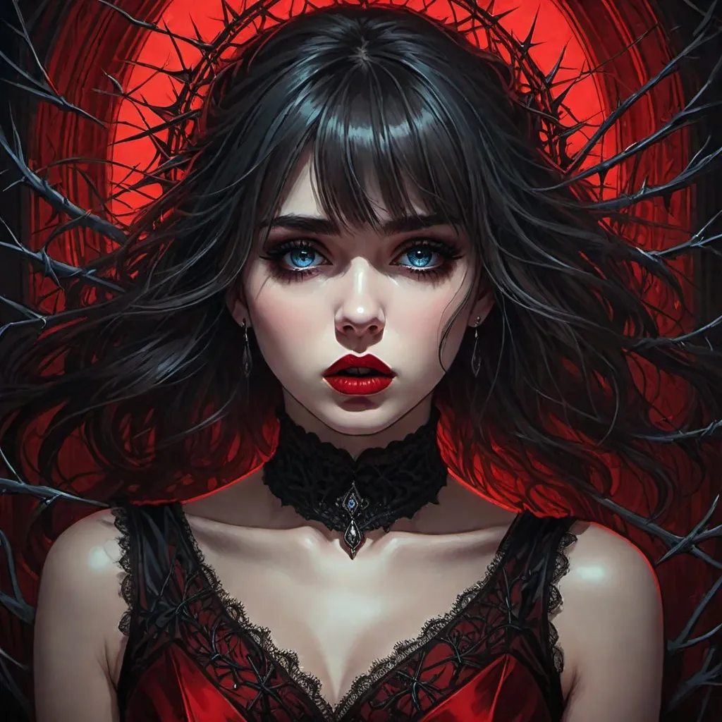 Prompt: Gothic illustration of a woman encased in thorns, haunting expression, dark and eerie atmosphere, high quality, detailed thorns, gothic fashion, intense gaze, atmospheric lighting, gloomy tones, detailed eyes, professional, detailed, haunting, gothic, dark atmosphere, thorn encasement, detailed clothing, eerie expression,terrified expression,3/4 angle,red gothic dress,alternative artstyle,harsh red lighting,harsh block art style, sleeveless dress,drawing, art, sketch,pretty crying, upset,angry,trapped,elegant,victorian,light blue eyeshadow,red shiny lip gloss,bangs,dark brown hair,shiny makeup,harsh lighting