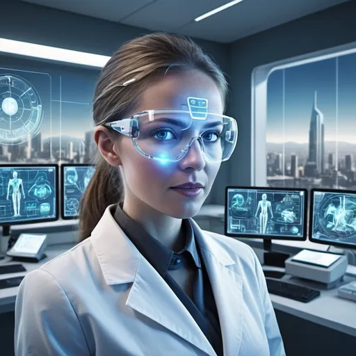 Prompt: Futuristic illustration of an epidemiology lecturer in a dentistry classroom, innovative healthcare concepts, high-tech equipment, holographic data displays, futuristic city skyline visible through glass windows, professional attire, detailed facial features, cybernetic enhancements, cutting-edge technology, highres, ultra-detailed, futuristic, innovation in healthcare, holographic displays, detailed facial features, professional, futuristic city skyline, cybernetic enhancements, high-tech equipment, atmospheric lighting