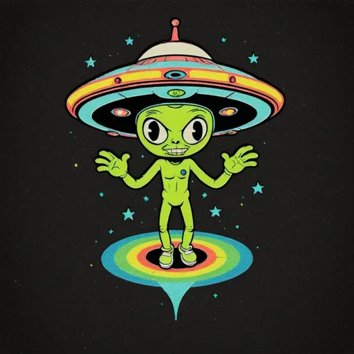 Prompt: Design a t-shirt inspired by Blink-182's song "Aliens Exist." The style should blend 90s punk rock, grunge, and psychedelic elements with a modern illustrative look. The main image features a UFO abducting a figure, with vibrant, trippy colors and bold, simple lines. The background should be dark, with neon accents highlighting the abduction beam and the figure. Integrate the Blink-182 logo subtly into the design.