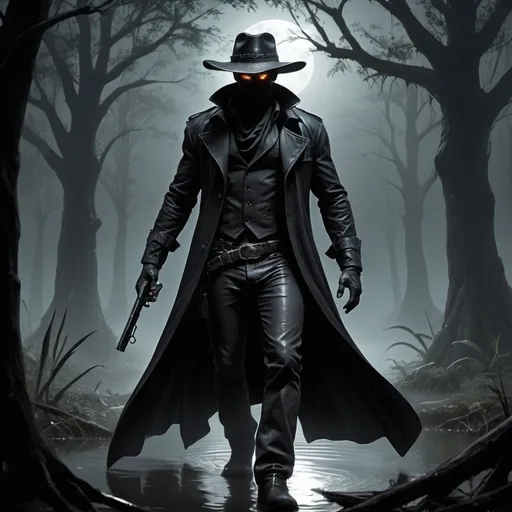 Prompt: In the heart of the mysterious bayou, cloaked in the shroud of night, stands Zitro, a figure of enigmatic allure amidst the tangled swamplands. His dark hair cascades in tousled waves, framing his lean, rugged features as he surveys the murky landscape with a gaze as sharp as the edge of his shotgun.

Dressed in all black, Zitro cuts a striking figure against the dimly lit backdrop, his form wrapped in a sleek black trench coat billowing in the humid breeze. Beneath the coat, he sports all-black cowboy leathers, adding an air of old-world charm to his modern-day prowess.

A black bandanna conceals the lower half of his face, lending him the air of a mysterious bandit as he prowls through the shadows of the bayou. Only his piercing eyes remain visible, gleaming with determination and a hint of danger.

With a firm grip on his trusty shotgun, its polished surface catching the faint glimmer of moonlight, Zitro stands ready to confront the monstrous denizens of the bayou. Around him, the twisted forms of creatures lurk in the darkness, their glowing eyes fixed upon their elusive prey.

The air is thick with the sounds of nocturnal creatures and the rustle of the swampy undergrowth, but Zitro remains undeterred. In this treacherous environment, he is the epitome of cool confidence, a shadow hunter destined to face the darkness head-on and emerge victorious.