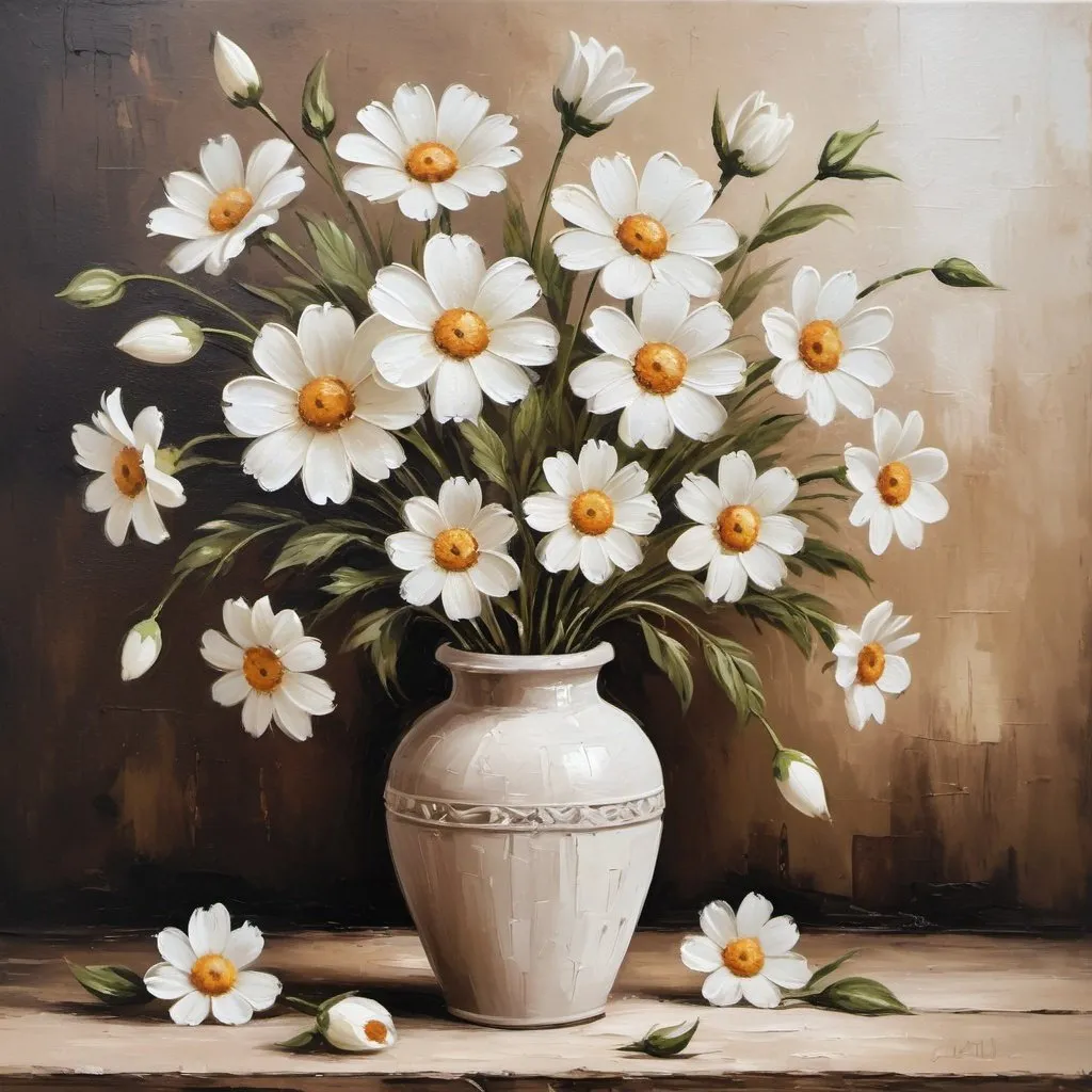 Prompt: white flowers in a vase oil painting in farmhouse rustic style