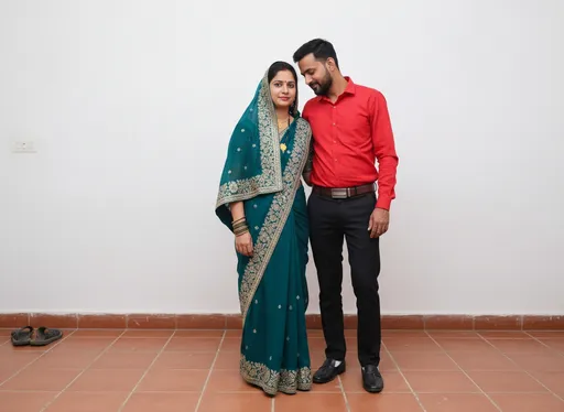 Prompt: This photograph features a couple standing closely together in a simple indoor setting with a plain white wall and a reddish-brown tiled floor. The woman, on the left, is wearing a traditional dark teal saree with intricate gold and silver embroidery along the edges and a matching blouse. She has a gold necklace and several bangles on her right wrist. She is also wearing a dark teal shawl that is draped over her head and shoulders. Her hair is partially visible under the shawl. The man, on the right, is dressed in a bright red long-sleeved shirt and black pants, with white socks. He has a short, neatly trimmed beard and dark hair. His shirt is buttoned up, and he is wearing a belt with a silver buckle. Both individuals are standing with their arms at their sides, and the man is slightly leaning towards the woman. In the bottom left corner of the image, there is a small, partially visible pair of sandals, suggesting that the couple might have recently removed them. The overall atmosphere of the photograph is casual and intimate, with the couple appearing comfortable and relaxed in their attire.