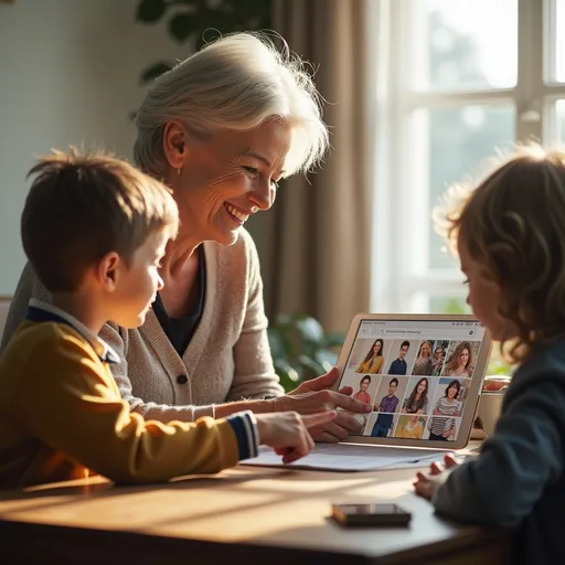 Prompt: Main Scene: looking over the shoulder a lively 60 year old white woman with salt and pepper hair sitting with her grandchildren at a clean, well-lit desk or table,  She isbwearing comfortable clothing like a cardigan .All of them are engaged,  She is holding a tablet in her hands and pointing at  the screen which shows a wedding picture.
Key Elements to Include:
visible tablet screen

* A modern large  tablet open on the desk displaying a grid of family photos

* Soft, warm lighting (preferably natural window light) creating a cozy, atmosphere

* Warm, inviting color palette with soft browns, creams, and gentle blues
* Professional yet homey feel
* Clean, uncluttered composition
* Photography style should be realistic, not overly stylized
* Convey themes of preservation, family connection, and careful handling of precious memories
Make the tablet larger

