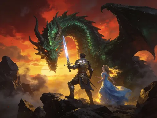 Prompt: A prince rescues a princess from a fierce dragon.