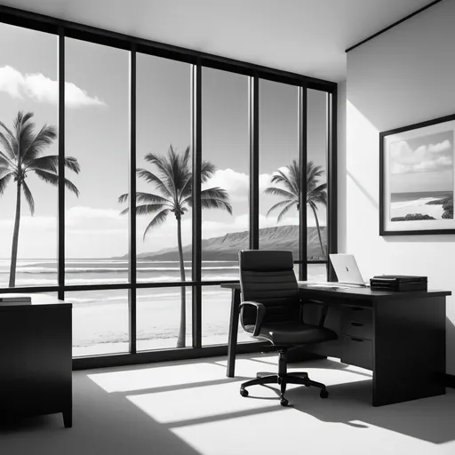 Prompt: Black and white image of a serene Hawaiian beach with palm trees, transitioning to a modern business office