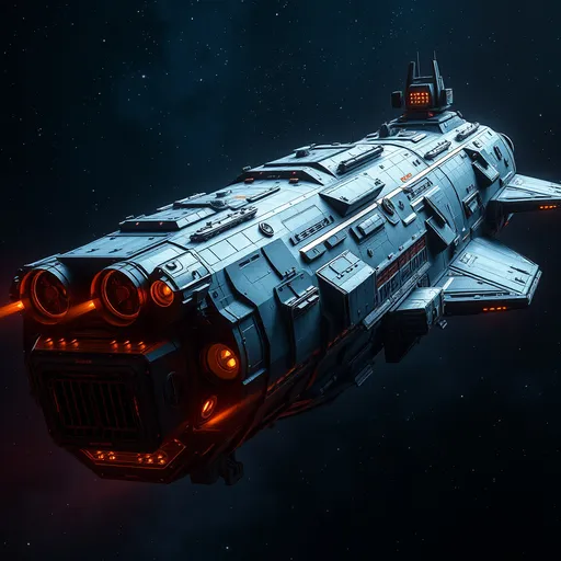 Prompt: A (massive) cargo spaceship, (engines on the wings), (bay door at the front), intricate mechanical details, viewing the ship on the left side, futuristic design, metallic textures, dramatic shadows, vivid colors, (high-tech ambiance), (space background with stars), atmospheric depth, (dynamic lighting), ultra-detailed, (4K quality) rendering of the ship's grandeur, side view, exploring the depths of the universe.