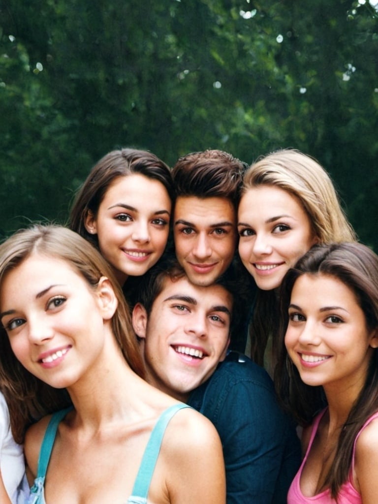 Prompt: create a picture with the guy in the picture i have just uploaded now in realistic environment surrounded by 4 pretty girls in their early 20s
