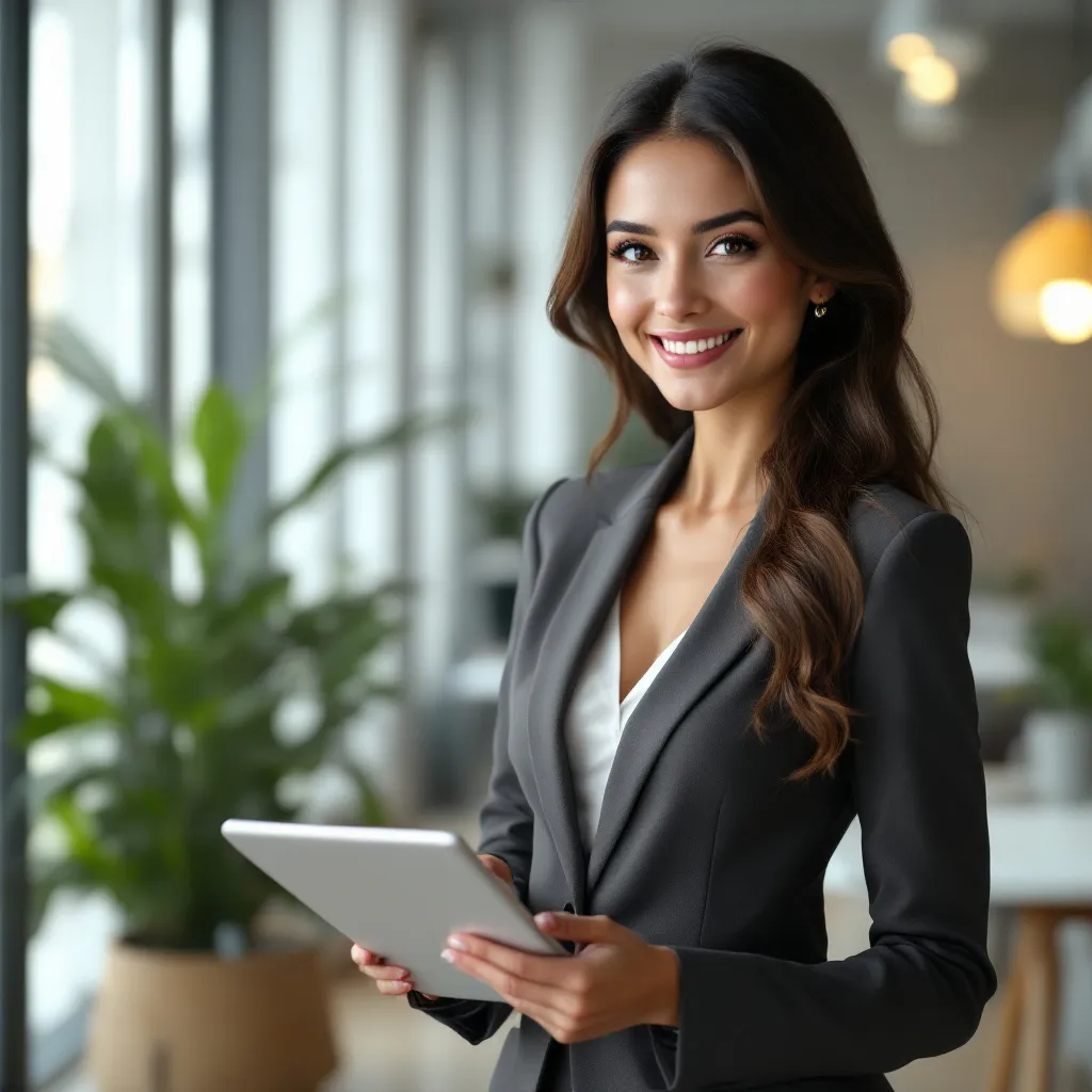 Prompt: Generate a short (5-10 seconds) video of a confident young woman in a sleek business suit standing in a modern office. She smiles while holding a tablet, looking at the camera. The background has soft lighting and a professional setting with minimal distractions. Smooth animations, clean transitions, and natural expressions.