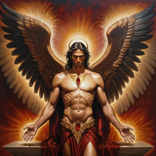 Prompt: Lucifer with ephod and nine gems, oil painting, majestic fallen angel, high definition, realistic, dark and moody, biblical, detailed wings, intense gaze, golden and crimson tones, divine lighting, regal and powerful, atmospheric, mythological, otherworldly, detailed feathers, ancient biblical setting