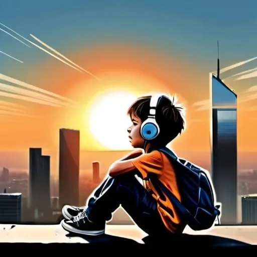 Prompt: Cool kid with headsets, listening to music whilst sitting on a sky scraper, background of a sun set and buildings fading away in the distance. Insert a fancy font the Says the word, Caption. Place text in te bottom right corner.
 