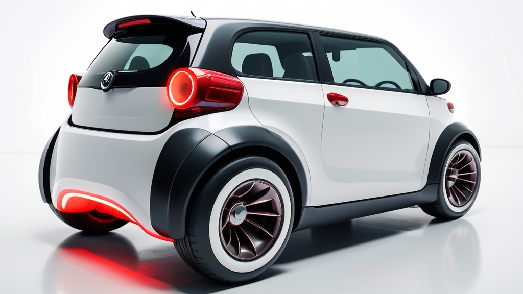 Prompt: a small car with a large tailpipe and a tail light on it's side, parked in a white room, Ai-Mitsu, panfuturism, matte finish, a digital rendering