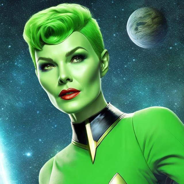 Prompt: An image of a beautiful green skinned Orion woman from the Star Trek series green hair short haircut lipstick clean