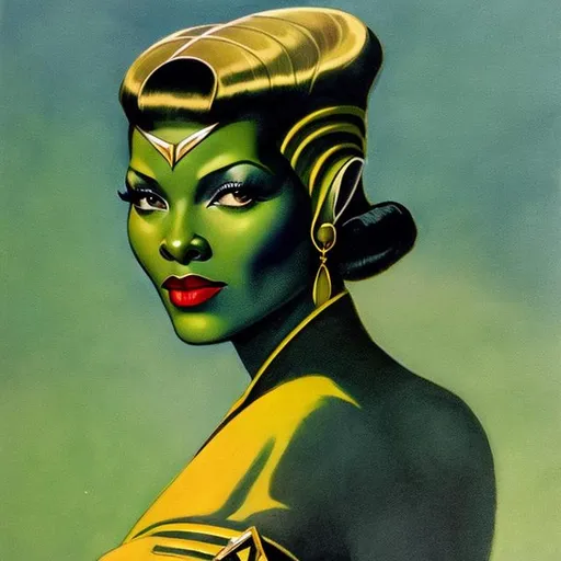 Prompt: An image of a beautiful green skinned Orion woman from the Star Trek series black hair in a 1930s haircut black lipstick
