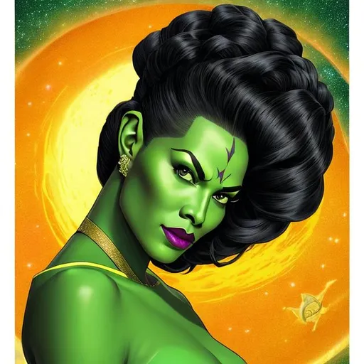 Prompt: An image of a beautiful green skinned Orion woman from the Star Trek series black hair updo haircut lipstick clean