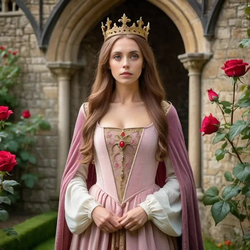 Prompt: airhead attractive young elegant slender queen Guinevere of Camelot with large eyes in beautiful medieval gown and small elegant crown in a medieval rose garden inside a castle walls worried expression glancing to side