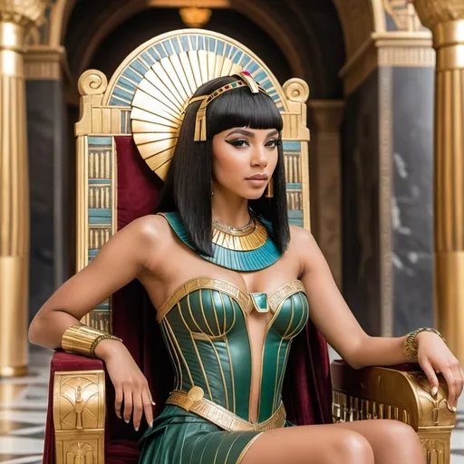 Prompt: airhead attractive biracial queen cleopatra with melon cut with shoulder length bangs hairstyle and Egyptian jewelry sitting on a throne in her palace as a cleanshaven handsome older man in ancient roman cuirass and cloak confuses her weakmind photo