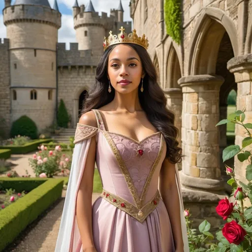 Prompt: airhead attractive young elegant slender biracial queen Guinevere of Camelot in beautiful medieval gown and small elegant crown in a medieval rose garden inside a castle walls