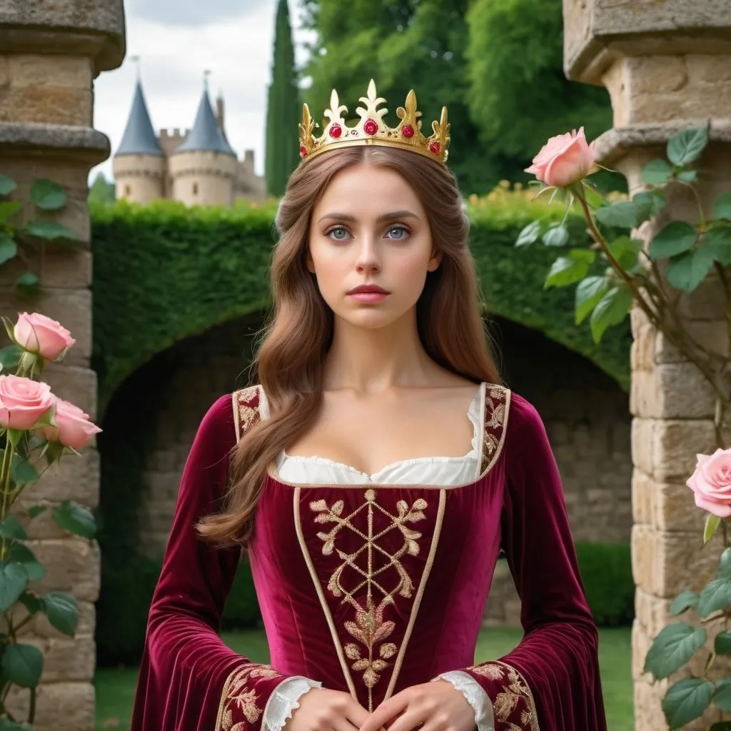 Prompt: airhead attractive young elegant slender queen Guinevere of Camelot with large eyes in beautiful medieval gown and small elegant crown in a medieval rose garden inside a castle walls worried expression