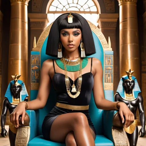 Prompt: A brainless attractive black queen cleopatra with melon cut with shoulder length bangs hairstyle and Egyptian jewelry with a ditsy expression sitting on a throne in her ancient Egyptian palace with two handsome muscular guards with spears standing behind her photo