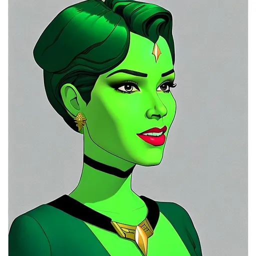 Prompt: An image of a beautiful green skinned Orion woman from the Star Trek series green hair short haircut lipstick clean cartoon