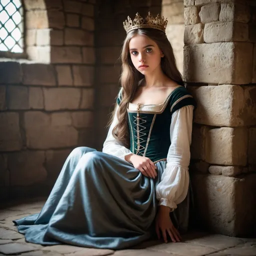 Prompt: Full length portrait pretty brainless young princess, slender, flat chested, large eyes, medieval; pouting; kept locked in medieval tower; sitting; Photo