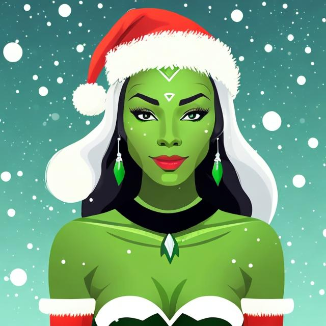 Prompt: A beautiful green skinned Orion woman with green skin from the Star Trek universe on a snowy planet wearing a Santa hat. Cartoon, clean, colourful.