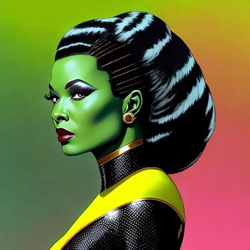 Prompt: An image of a beautiful green skinned Orion woman from the Star Trek series black hair in a beehive haircut black lipstick