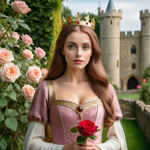 Prompt: airhead attractive young elegant slender queen Guinevere of Camelot with large eyes in beautiful medieval gown and small elegant crown in a medieval rose garden inside a castle walls