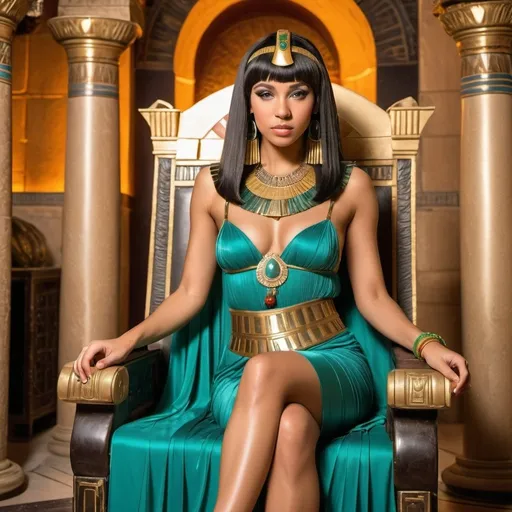 Prompt: airhead attractive biracial queen cleopatra with melon cut with shoulder length bangs hairstyle and Egyptian jewelry sitting on a throne in her palace as a cleanshaven handsome older man in ancient roman cuirass and cloak confuses her weakmind photo